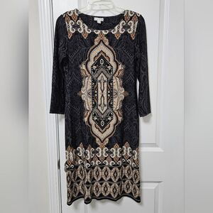 CHARTER CLUB Dress Women’s XS Paisley Black Brown Bohemian 3/4 Sleeve Stretch